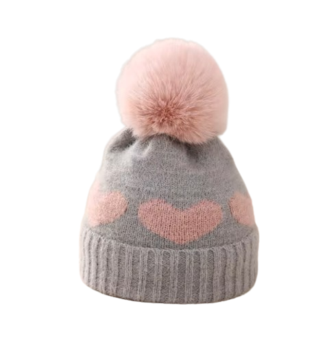 The Halo - Baby Fur Pompom Heart Printed Hat