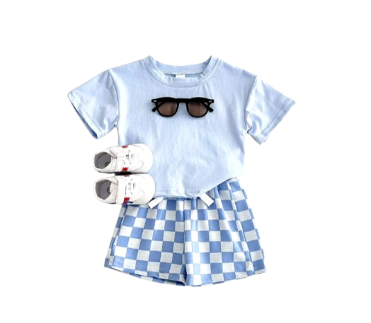 The Hayes - Baby Unisex Solid Short Sleeved T-shirt + Checkerboard Shorts