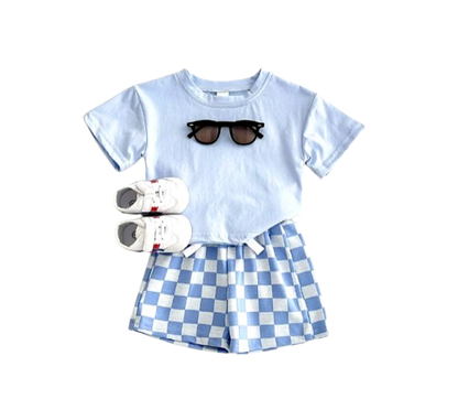 The Hayes - Baby Unisex Solid Short Sleeved T-shirt + Checkerboard Shorts