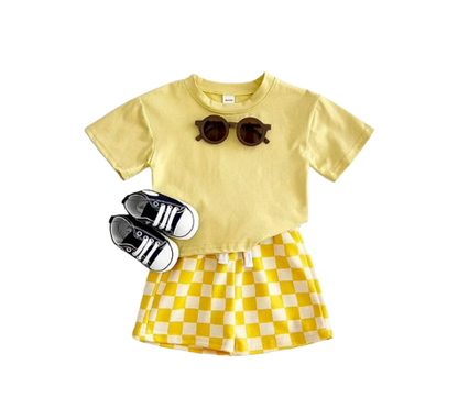 The Hayes - Baby Unisex Solid Short Sleeved T-shirt + Checkerboard Shorts