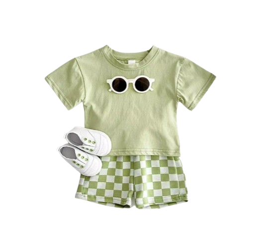 The Hayes - Baby Unisex Solid Short Sleeved T-shirt + Checkerboard Shorts