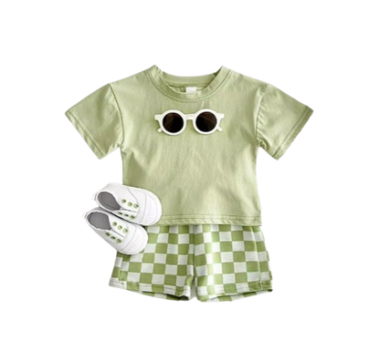 The Hayes - Baby Unisex Solid Short Sleeved T-shirt + Checkerboard Shorts