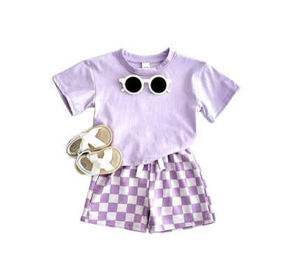 The Hayes - Baby Unisex Solid Short Sleeved T-shirt + Checkerboard Shorts