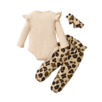 The Heidi - Brown Ruffle Bodysuit + Leopard Pants + Headband