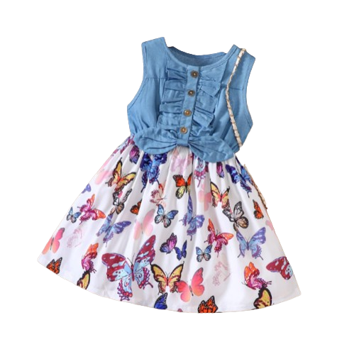 The Isabella - Baby Girl Blue Butterfly Denim Patchwork Printed Vest Dress