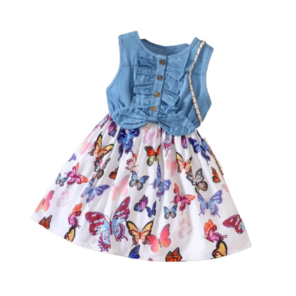 The Isabella - Baby Girl Blue Butterfly Denim Patchwork Printed Vest Dress