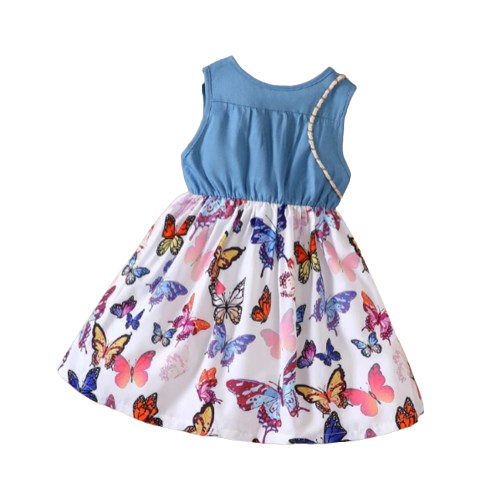 The Isabella - Baby Girl Blue Butterfly Denim Patchwork Printed Vest Dress