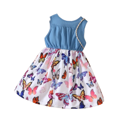 The Isabella - Baby Girl Blue Butterfly Denim Patchwork Printed Vest Dress