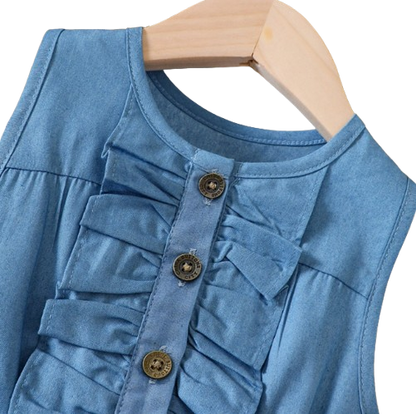 The Isabella - Baby Girl Blue Butterfly Denim Patchwork Printed Vest Dress