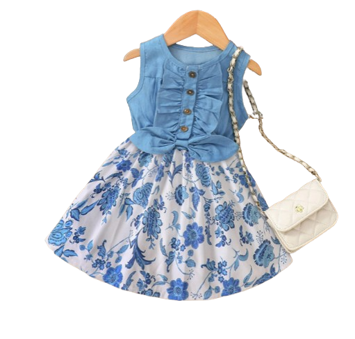 The Isabella - Baby Girl Blue Floral Denim Patchwork Printed Vest Dress