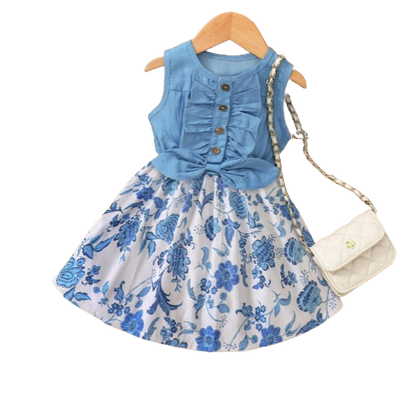 The Isabella - Baby Girl Blue Floral Denim Patchwork Printed Vest Dress