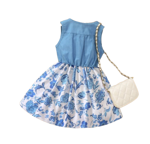 The Isabella - Baby Girl Blue Floral Denim Patchwork Printed Vest Dress