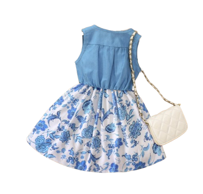 The Isabella - Baby Girl Blue Floral Denim Patchwork Printed Vest Dress