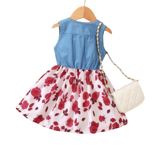 The Isabella - Baby Girl Red Floral Denim Patchwork Printed Vest Dress