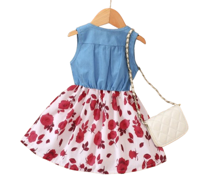 The Isabella - Baby Girl Red Floral Denim Patchwork Printed Vest Dress