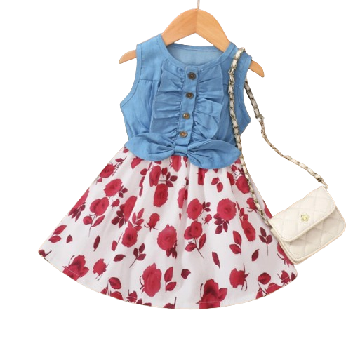 The Isabella - Baby Girl Red Floral Denim Patchwork Printed Vest Dress