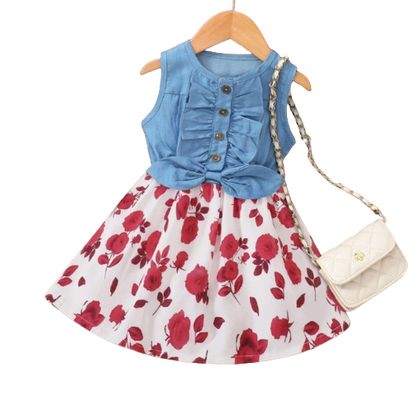 The Isabella - Baby Girl Red Floral Denim Patchwork Printed Vest Dress