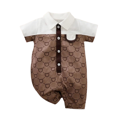 The Jose - Baby Unisex Bear Print Patchwork Short Sleeved Jumpsuit