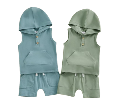 The Jesiah - Baby Boy Solid Color Hooded Vest + Elastic Waist Shorts