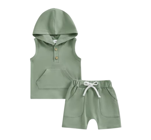 The Jesiah - Baby Boy Solid Color Hooded Vest + Elastic Waist Shorts