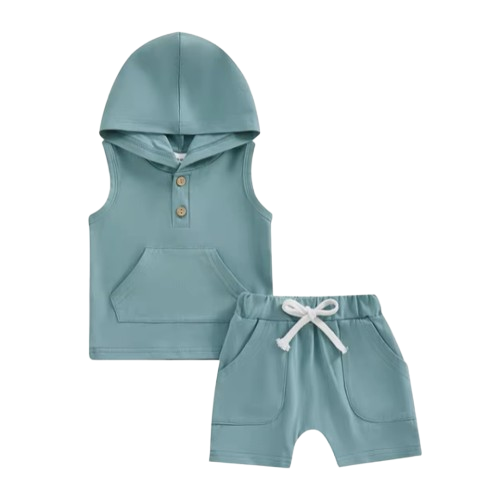 The Jesiah - Baby Boy Solid Color Hooded Vest + Elastic Waist Shorts