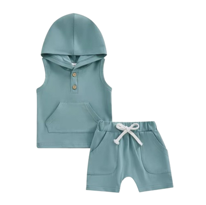 The Jesiah - Baby Boy Solid Color Hooded Vest + Elastic Waist Shorts