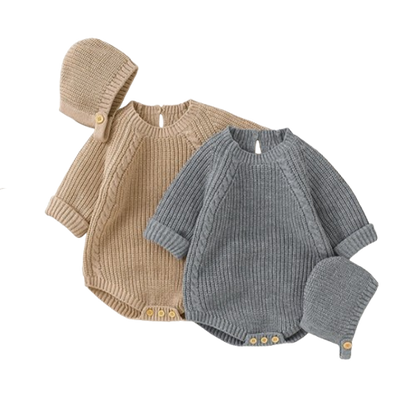 The John - Baby Unisex Warm Knit Jumpsuit Long Sleeve Soft Outfits + Hats